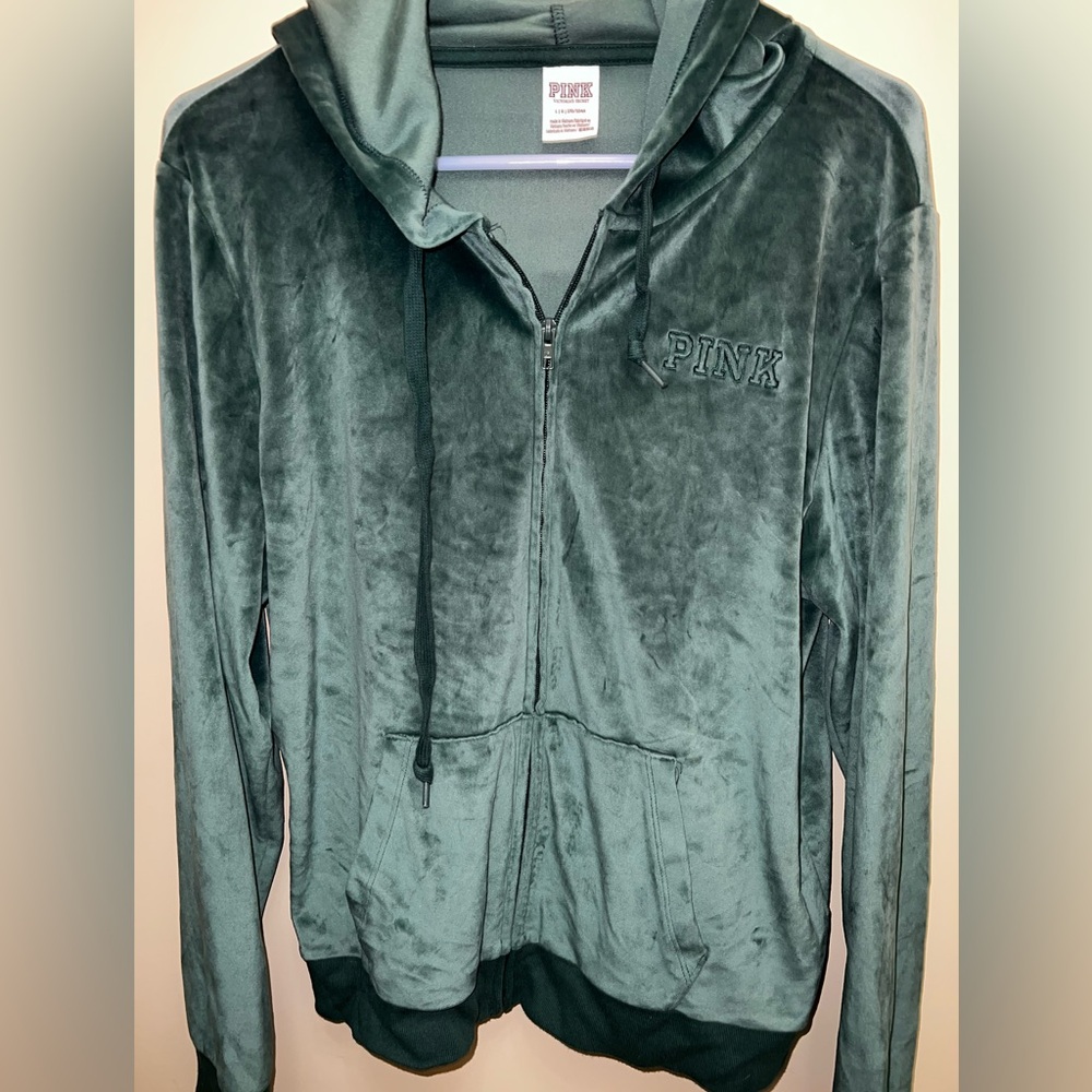 PINK Victoria's Secret Forest Green Velour Zip Hoodie
